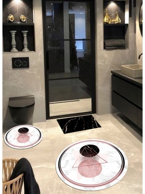 Ardizayn Sulu Boya - Kaymaz Taban 3'lü Yuvarlak Banyo Halısı, Banyo Paspası (100X100-60X60-40X60 CM 3'LÜ SET)