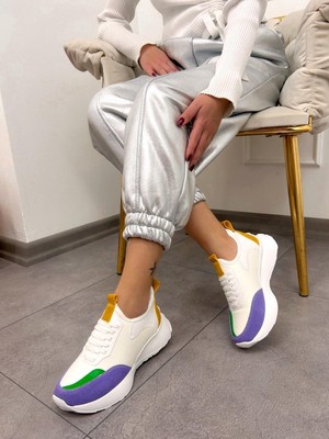 Erva'nın Butiği Beyaz Lila Triko (Mines) Kadın Bağcıklı Sneakers