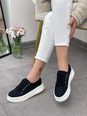 Erva'nın Butiği Siyah Keten (Werner) Bağcıklı Kadın Sneakers
