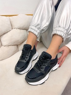 Erva'nın Butiği Siyah Cilt (Leo) Leopar Detaylı Kadın Bağcıklı Sneakers