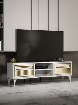İşsevenler Tv Sehpası Tv Ünitesi Vera Beyaz Gold Çizgili 5052