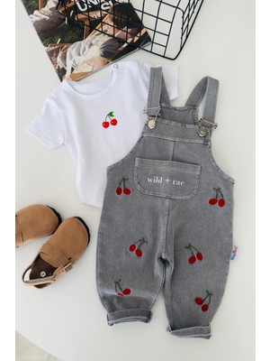 Miniğimin Cicileri Kiraz Işleme Detaylı Kız Bebek Salopetli 2 Li Takım - Gri