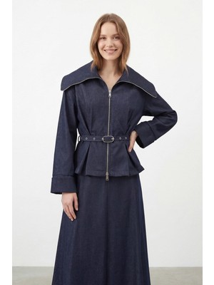 Loreen Kadın Yaka Detaylı Fermuarlı Denim Etekli Takım Elbise – 20762