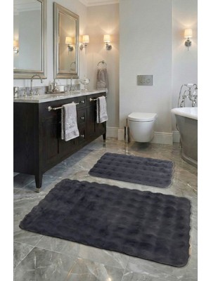 Feel Home Bubble Tavşan Tüyü, Kaymaz Taban, Yumuşacık Premium, Makinede Yıkanabilir 2'li Banyo Paspası