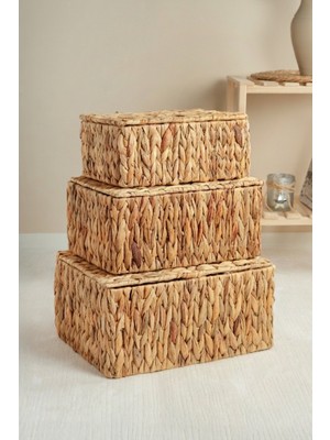 Philippa - 3 Lü Hasır Kapaklı Dikdörtgen Çok Amaçlı Sepet Seti