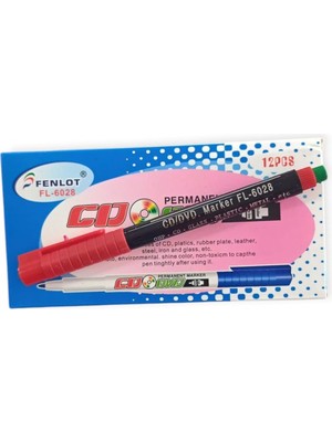 Fenlot Kutulu Kırmızı Asetat Permanent CD Kalemi Medium Uçlu (12 Adet))