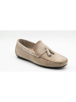 Growish GR0176 Hakiki Süet Deri 44 Numara Kum Bej Renk Saraçlı Rok Model Günlük Erkek Loafer Babet Ayakkabı
