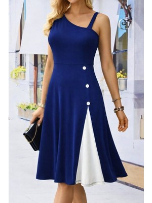 Çamaşır Kenti Kadın Tek Omuzu Şerit Detaylı Kolsuz Yandan Düğme Detaylı Janjan Krep Elbise