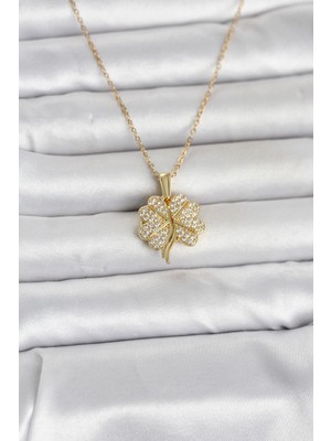 Karahanbey Çelik Gold Renk Açılabilir Yonca Model Zirkon Taşlı Kadın Kolye -