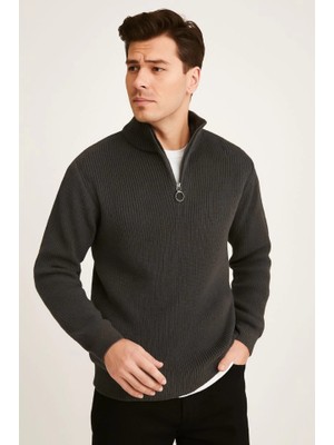 Beruflic Erkek Yarım Fermuarlı Triko Kazak – Selanik Örgü, Dik Yaka, Pamuklu Dokuma, Regular Fit Uzun K