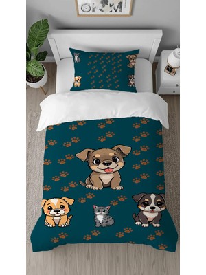 Greendecor Sevimli Köpek Desenli Dijital Baskılı Özel Tasarım Çarşafsız Tek Kişilik Nevresim Takımı