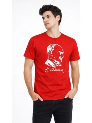 Beruflic Erkek Atatürk Baskılı Tişört Kısa Kollu Bisiklet Yaka T-Shirt - Kırmızı