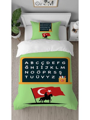 Greendecor Türk Alfabe Atatürk Desenli Dijital Baskılı Özel Tasarım Çarşafsız Şık Tek Kişilik Nevresim Takımı