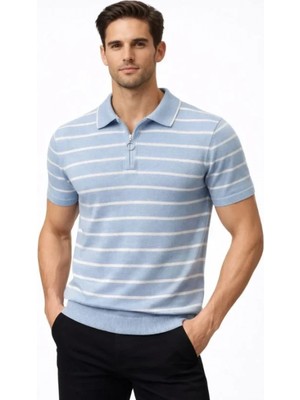 Pileli Store Pilelistore- Erkek Triko Polo Yaka Fermuarlı Çizgili Tişört T-Shirt Yazlık Şık - Bebek Mavisi