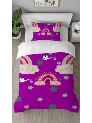 Greendecor Pembe Gökkuşağı Yıldız Desenli Dijital Baskılı Özel Tasarım Çarşafsız Tek Kişilik Nevresim Takımı