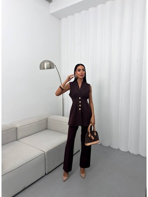 Vesantia Kadın Mürdüm Belden Oturtmalı Yelek Pantolon Takım