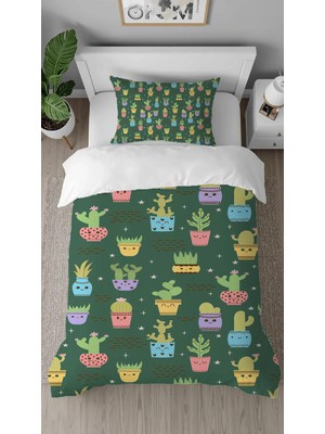 Greendecor Kaktüs Çiçek Yaprak Desenli Dijital Baskılı Özel Tasarım Çarşafsız Şık Tek Kişilik Nevresim Takımı