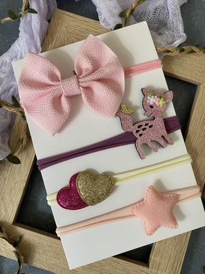 Miniko Butik Yenidoğan Uyumlu Bambi,kalp,yıldız ve Fiyonk Içeren Saç Bandı Seti 4'lü