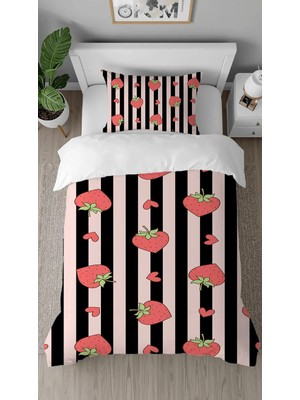 Greendecor Çilek Tatlı Meyve Desenli Dijital Baskılı Özel Tasarımlı Çarşafsız Tek Kişilik Şık Nevresim Takımı
