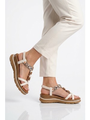 Voyager Beyaz Hakiki Deri Taş Işlemeli Kadın Sandalet B481 Z