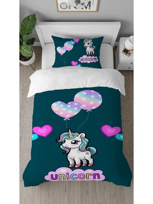 Greendecor Tatlı Unicorn Desenli Dijital Baskılı Özel Tasarımlı Çarşafsız Tek Kişilik Şık Nevresim Takımı