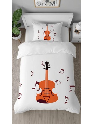 Greendecor Gitar Müzik Beste Desenli Dijital Baskılı Özel Tasarımlı Çarşafsız Tek Kişilik Şık Nevresim Takımı