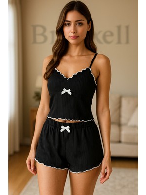 Toyigoo Kurdele Detaylı Şortlu Siyah Pijama TAKIMI-(17952)