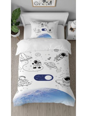 Greendecor Astronot Gezegen Uzay Desenli Dijital Baskılı Özel Tasarım Çarşafsız Şık Tek Kişilik Nevresim Takımı