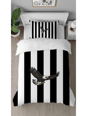 Greendecor Siyah Beyaz Kartal Desenli Dijital Baskılı Özel Tasarım Çarşafsız Tek Kişilik Nevresim Takımı