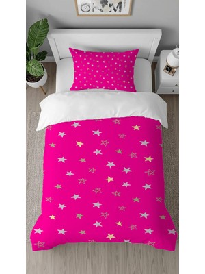 Greendecor Yıldız Pembe Desenli Dijital Baskılı Özel Tasarımlı Çarşafsız Tek Kişilik Şık Nevresim Takımı