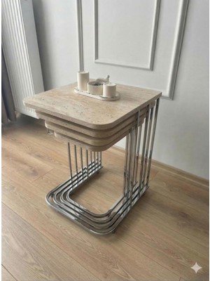 Zigon 4'lü Tekerli Gümüş-Traveten Zigon Sehpa