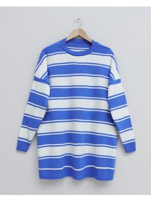 Moda Morfo Kalın Çizgili Salaş Triko Tunik -Mavi