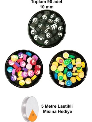 Just Cheap Store 90 Adet 10 mm Polimer Kil Fimo Boncuk Takı Bileklik + 5 Metre Misina Hediye - Yin Yang - Yin Yang - Limon