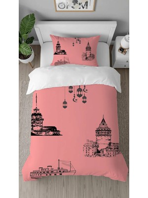 Greendecor Istanbul Galata Küle Desenli Dijital Baskılı Özel Tasarım Çarşafsız Tek Kişilik Şık Nevresim Takımı