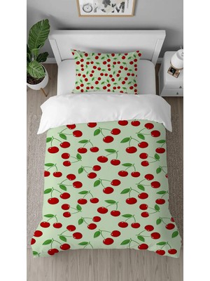 Greendecor Vişne Kiraz Meyve Desenli Dijital Baskılı Özel Tasarımlı Çarşafsız Tek Kişilik Şık Nevresim Takımı
