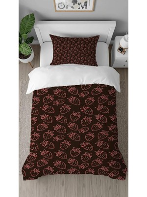 Greendecor Çilek Tatlı Meyve Desenli Dijital Baskılı Özel Tasarımlı Çarşafsız Tek Kişilik Şık Nevresim Takımı