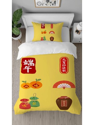 Greendecor Asya Dragon Renkli Desenli Dijital Baskılı Özel Tasarımlı Çarşafsız Tek Kişilik Şık Nevresim Takımı