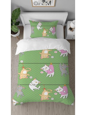 Greendecor Sevimli Kediler Desenli Dijital Baskılı Özel Tasarım Çarşafsız Tek Kişilik Nevresim Takımı