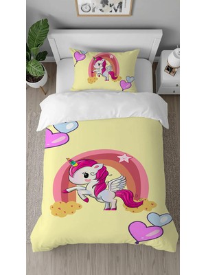 Greendecor Tatlı Unicorn Desenli Dijital Baskılı Özel Tasarımlı Çarşafsız Tek Kişilik Şık Nevresim Takımı