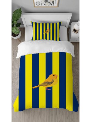 Greendecor Sarı Lacivert Desenli Dijital Baskılı Özel Tasarım Çarşafsız Tek Kişilik Nevresim Takımı