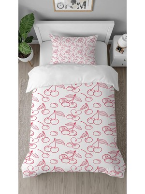 Greendecor Vişne Kiraz Meyve Desenli Dijital Baskılı Özel Tasarımlı Çarşafsız Tek Kişilik Şık Nevresim Takımı