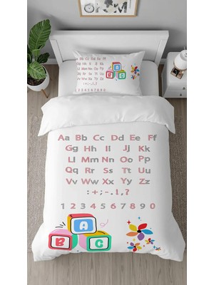 Greendecor English Alfabe Abcd Desenli Dijital Baskılı Özel Tasarım Çarşafsız Şık Tek Kişilik Nevresim Takımı
