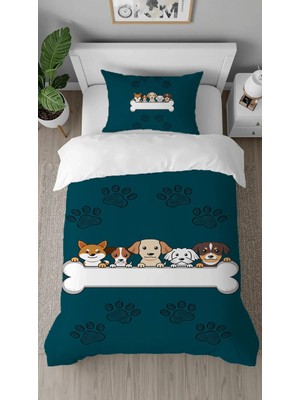 Greendecor Sevimli Köpek Desenli Dijital Baskılı Özel Tasarım Çarşafsız Tek Kişilik Nevresim Takımı