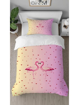 Greendecor Flamingo Pembe Desenli Dijital Baskılı Özel Tasarımlı Çarşafsız Tek Kişilik Nevresim Takımı