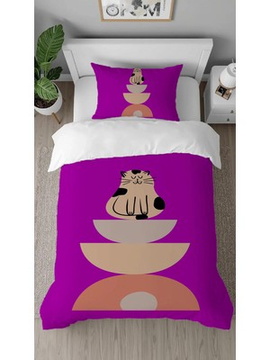 Greendecor Sevimli Kedi Desenli Dijital Baskılı Özel Tasarım Çarşafsız Tek Kişilik Nevresim Takımı