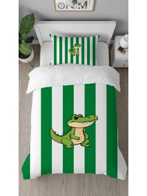Greendecor Yeşil Beyaz Timsah Desenli Dijital Baskılı Özel Tasarım Çarşafsız Tek Kişilik Nevresim Takımı