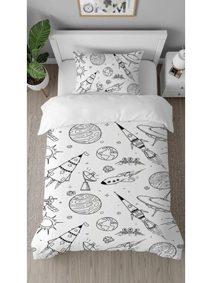 Greendecor Gezegen Uzay Yıldız Desenli Dijital Baskılı Özel Tasarım Çarşafsız Şık Tek Kişilik Nevresim Takımı