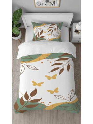 Greendecor Renkli Yapraklar Desenli Dijital Baskılı Özel Tasarım Çarşafsız Şık Tek Kişilik Nevresim Takımı