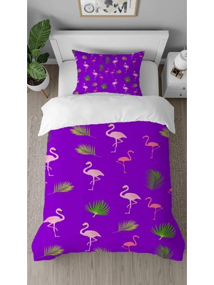 Greendecor Pembe Flamingo Desenli Dijital Baskılı Özel Tasarım Çarşafsız Tek Kişilik Şık Nevresim Takımı