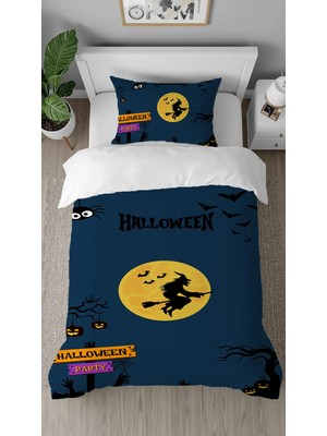 Greendecor Halloween Cadı Kabak Desenli Dijital Baskılı Özel Tasarım Çarşafsız Tek Kişilik Şık Nevresim Takımı